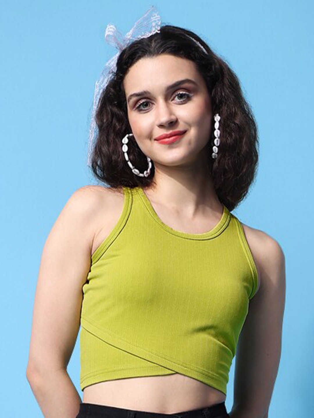 

PURVAJA Round Neck Sleeveless Fitted Crop Top, Lime green