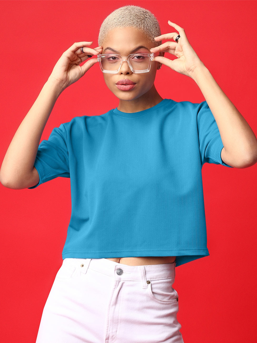 

PURVAJA Round Neck Short Sleeveless Boxy Crop Top, Blue
