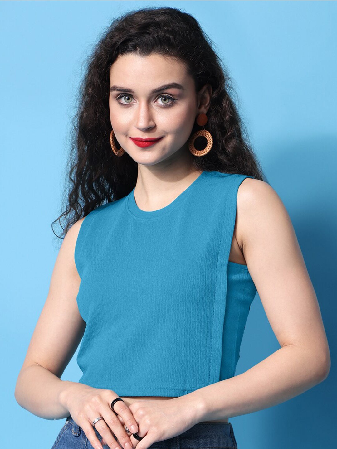 

PURVAJA Round Neck Sleeveless Crop Top, Blue