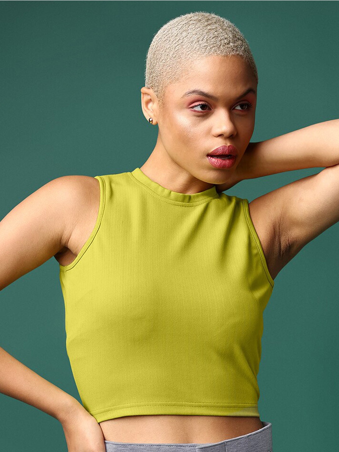 

PURVAJA Round Neck Sleeveless Casual Crop Top, Lime green