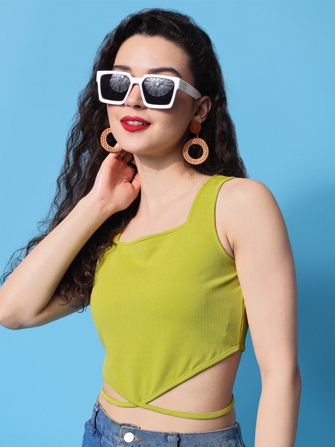 

PURVAJA S Square Neck Tie-Ups Crop Top, Lime green