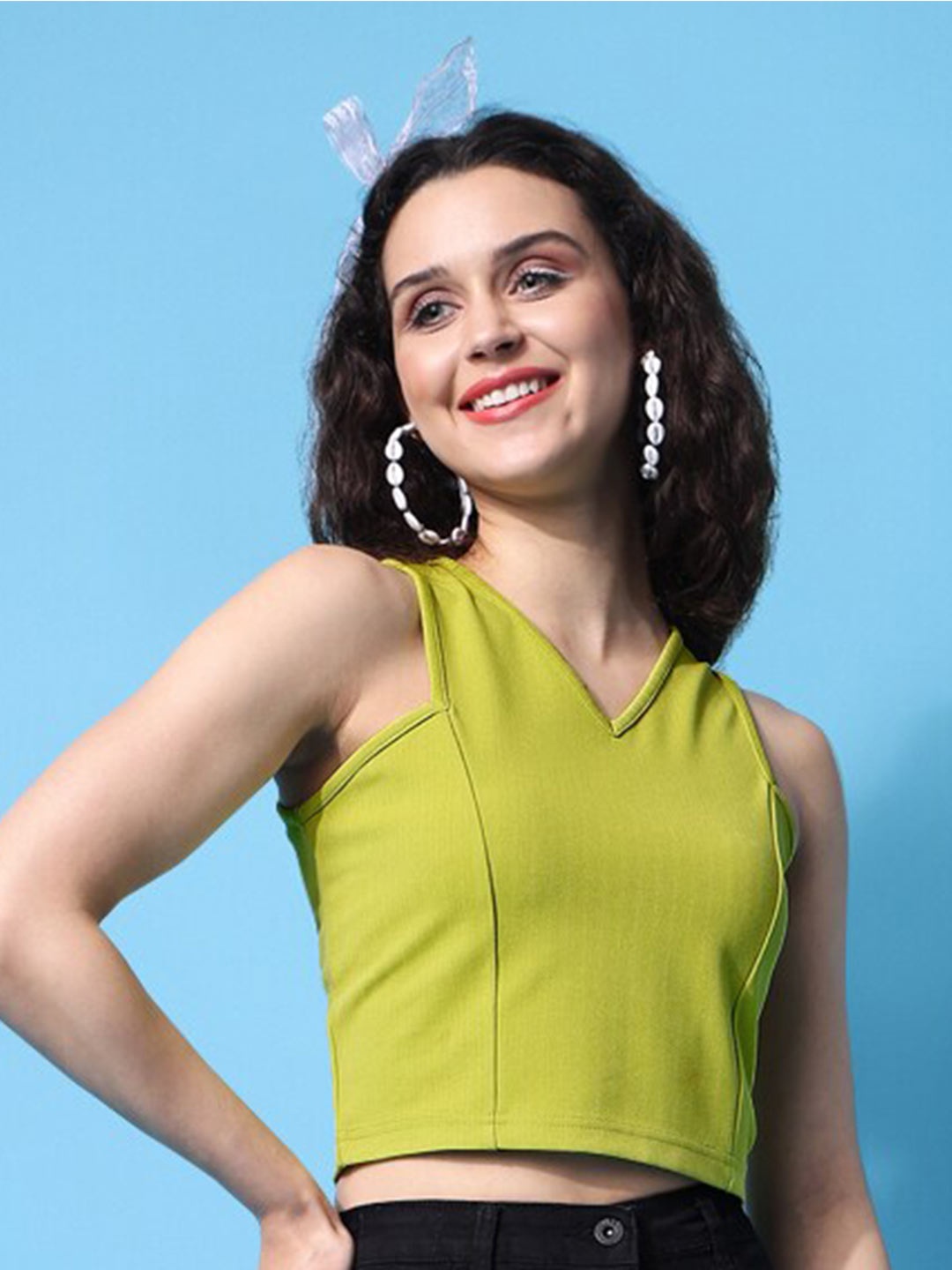 

PURVAJA V-Neck Sleeveless Casual Crop Top, Lime green