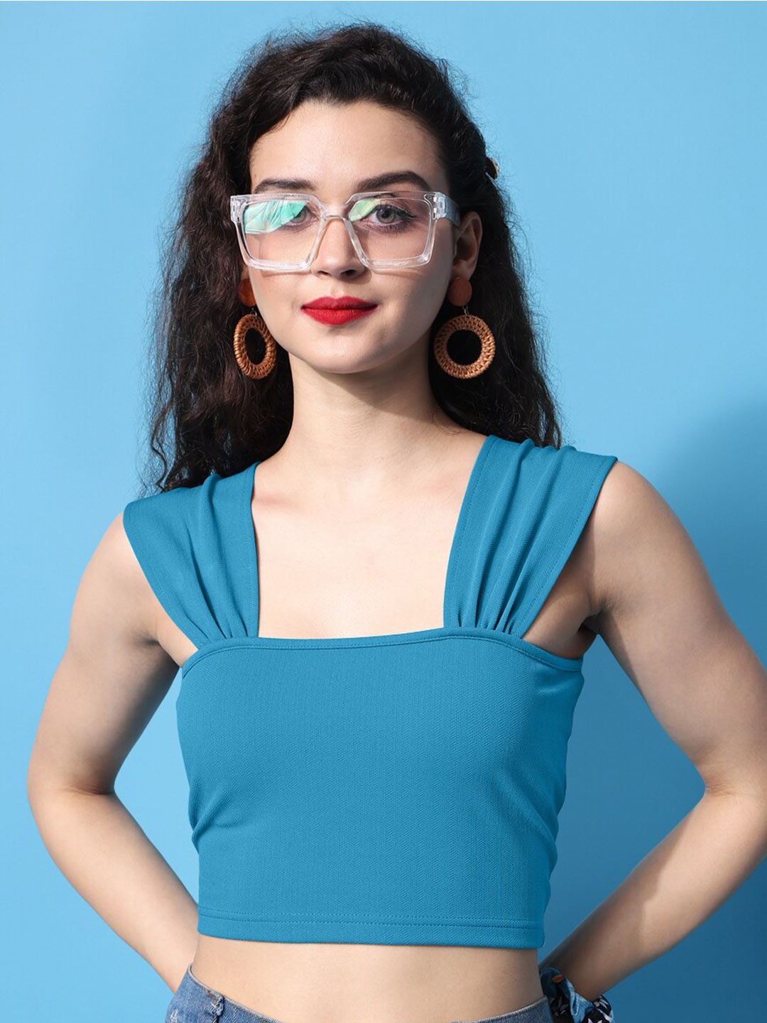 

PURVAJA Square Neck Fitted Crop Top, Blue