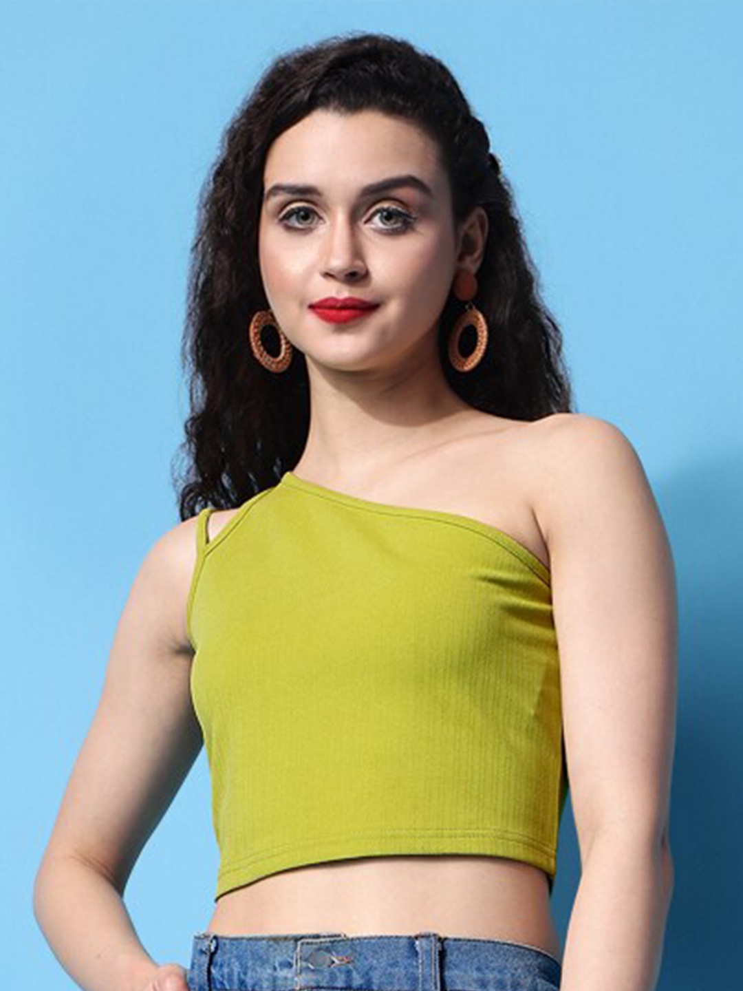 

PURVAJA One Shoulder Sleeveless Cut Out Crop Top, Lime green