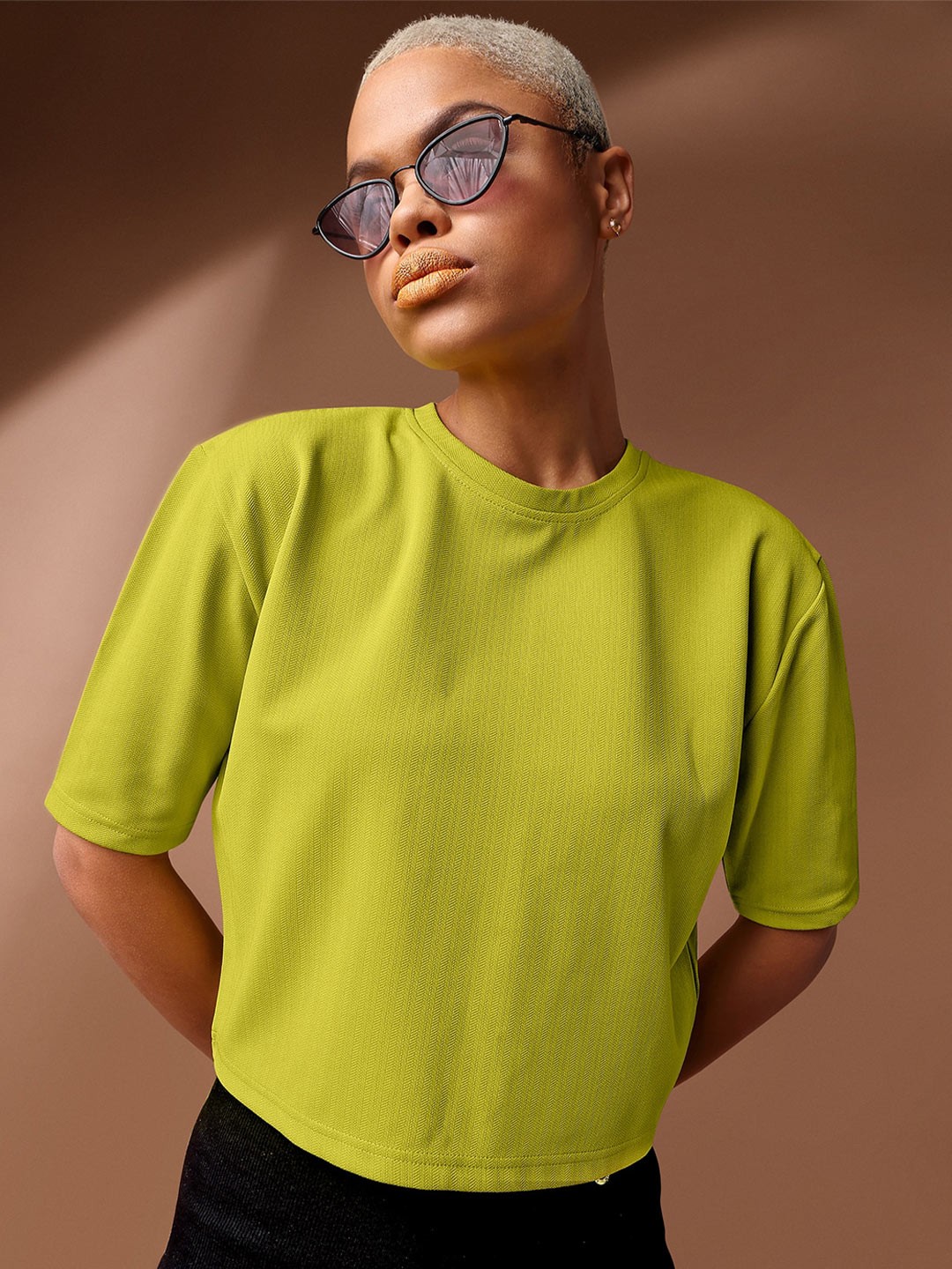 

PURVAJA Round Neck Short Sleeves Casual Top, Lime green