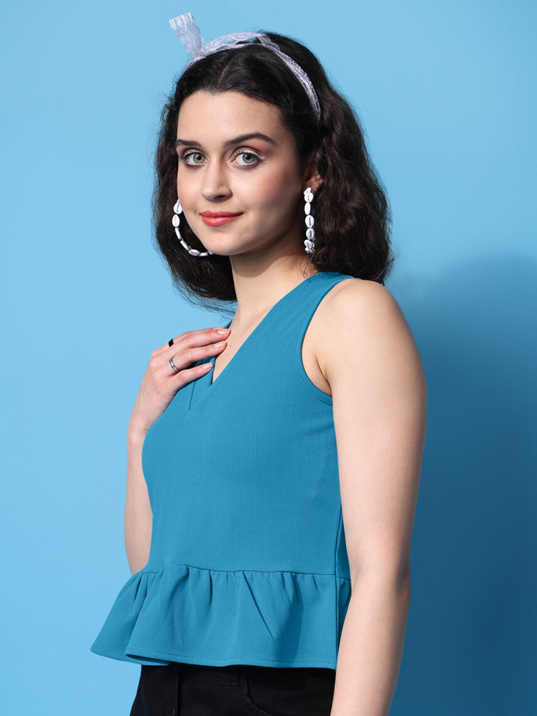 

PURVAJA V-Neck Sleeveless Casual Crop Top, Blue