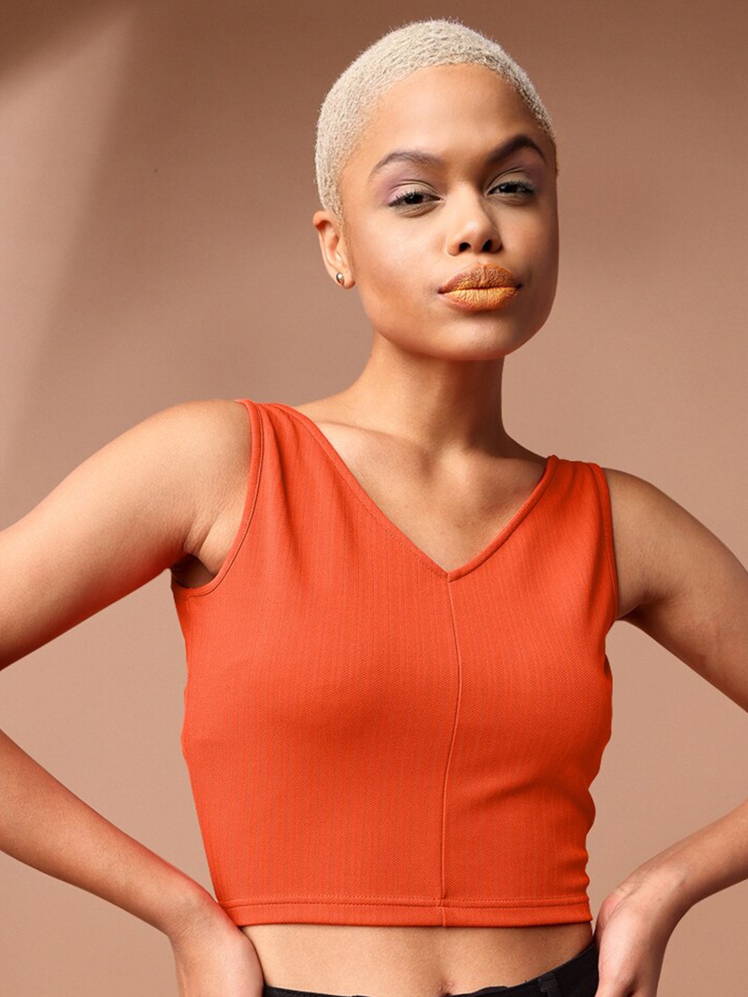 

PURVAJA V-Neck Sleeveless Fitted Crop Top, Orange