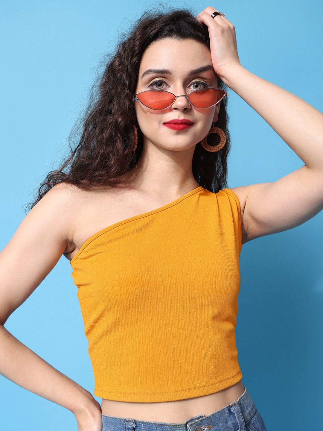

PURVAJA Yellow One Shoulder Crop Top