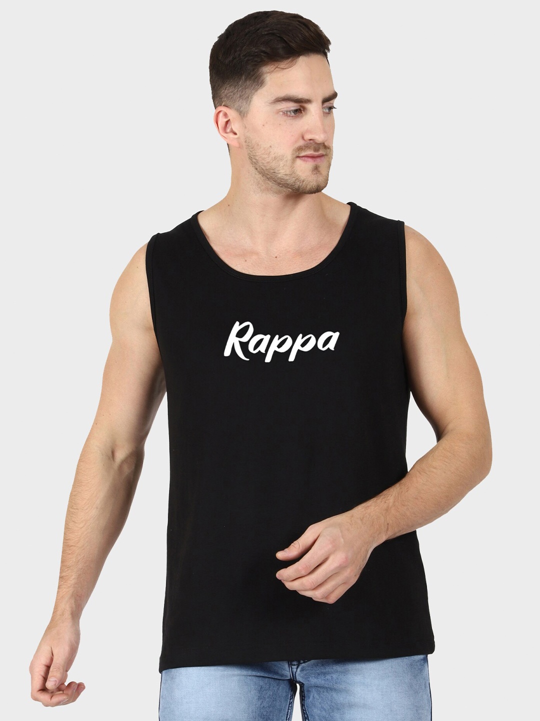 

T-SHIRT TRUCK Typography Printed Sleeveless Cotton T-shirt, Black