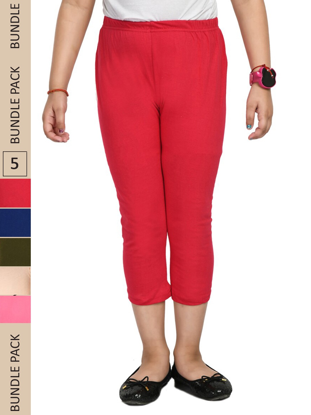 

IndiWeaves Girls Pack of 5 High Rise Pure Cotton Capris, Red