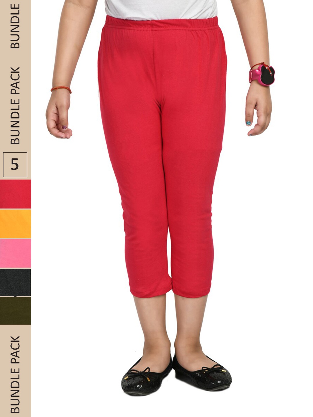 

IndiWeaves Girls Pack Of 5 Colourblocked Pure Cotton Capris, Red