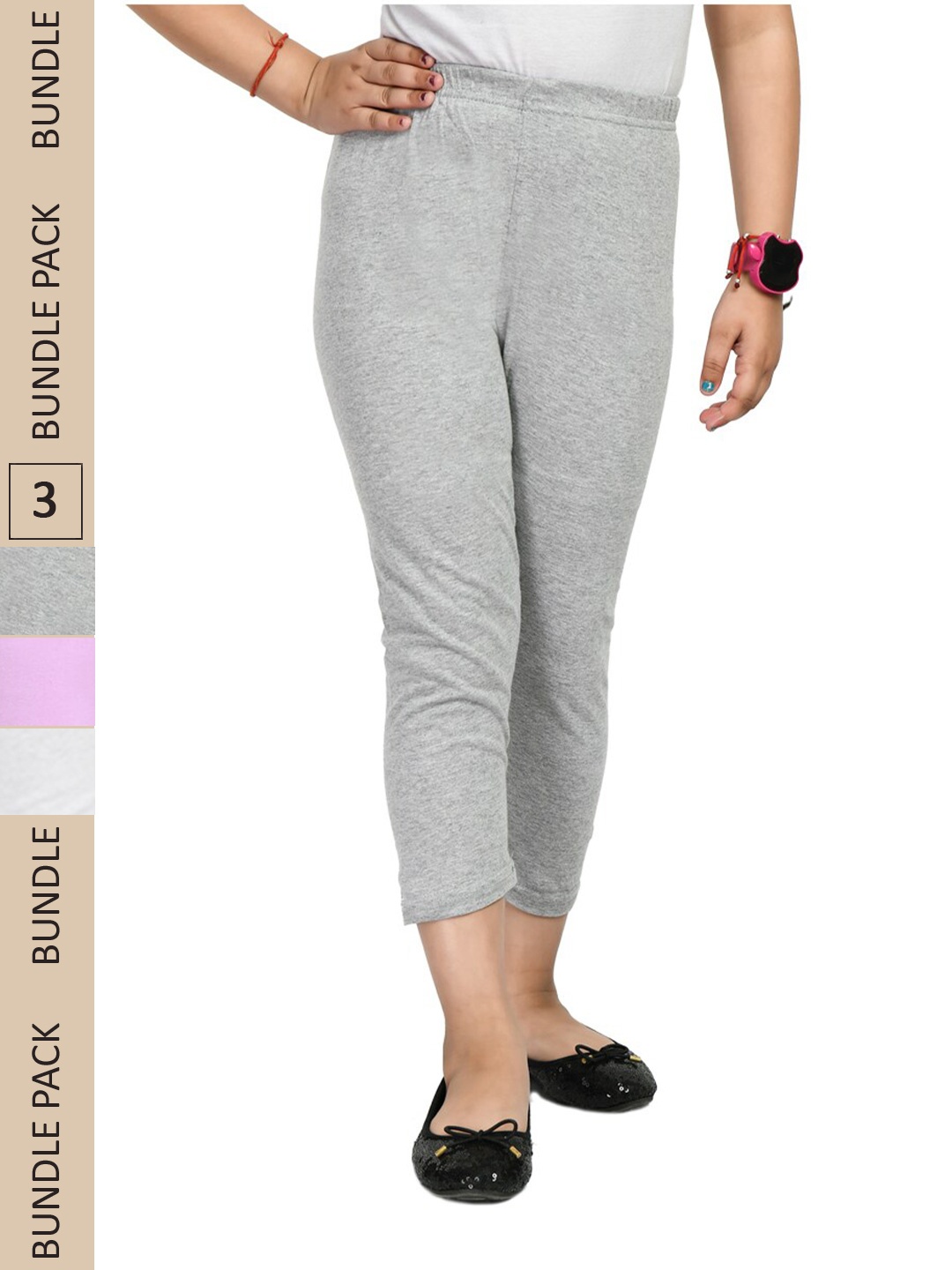 

IndiWeaves Girls Pack Of 3 Mid-Rise Pure Cotton Capris, Grey