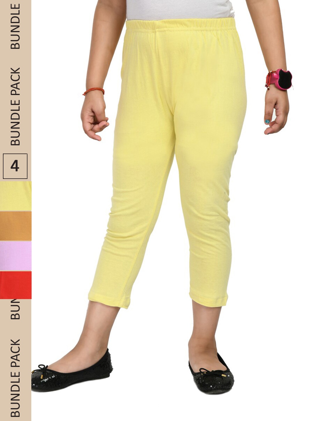 

IndiWeaves Girls Pack Of 4 Pure Cotton Capris, Yellow