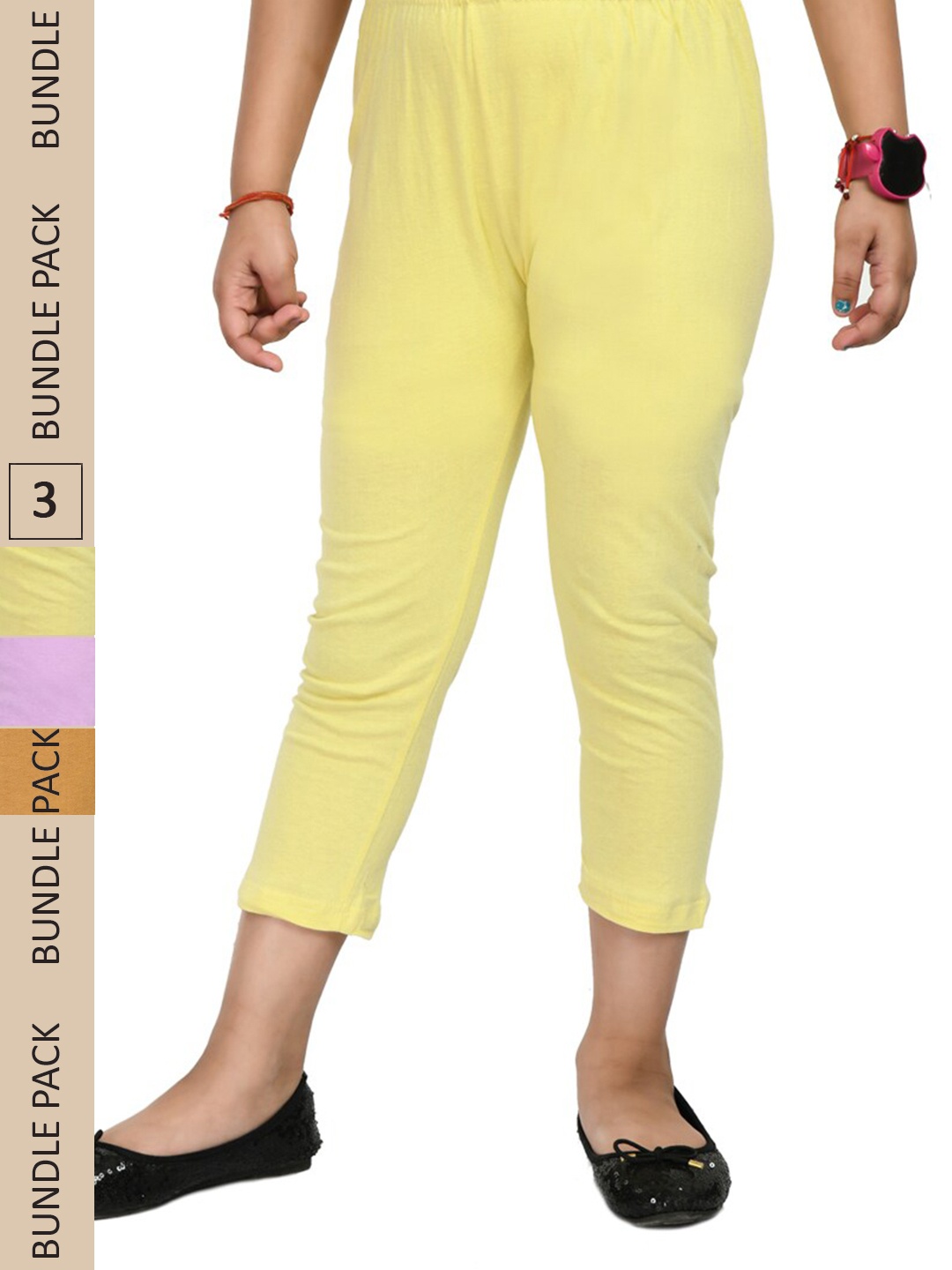 

IndiWeaves Girls Pack Of 3 Pure Cotton Capris, Yellow