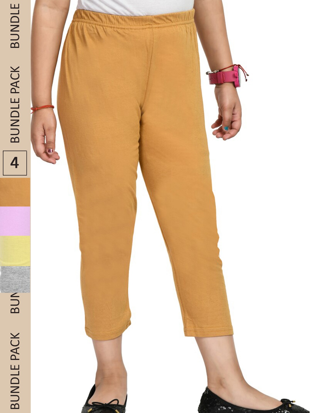 

IndiWeaves Girls Pack Of 4 Regular Fit Pure Cotton Capris, Mustard