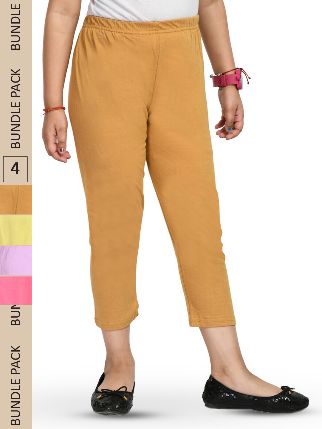

IndiWeaves Girls Pack Of 4 Pure Cotton Capris, Mustard