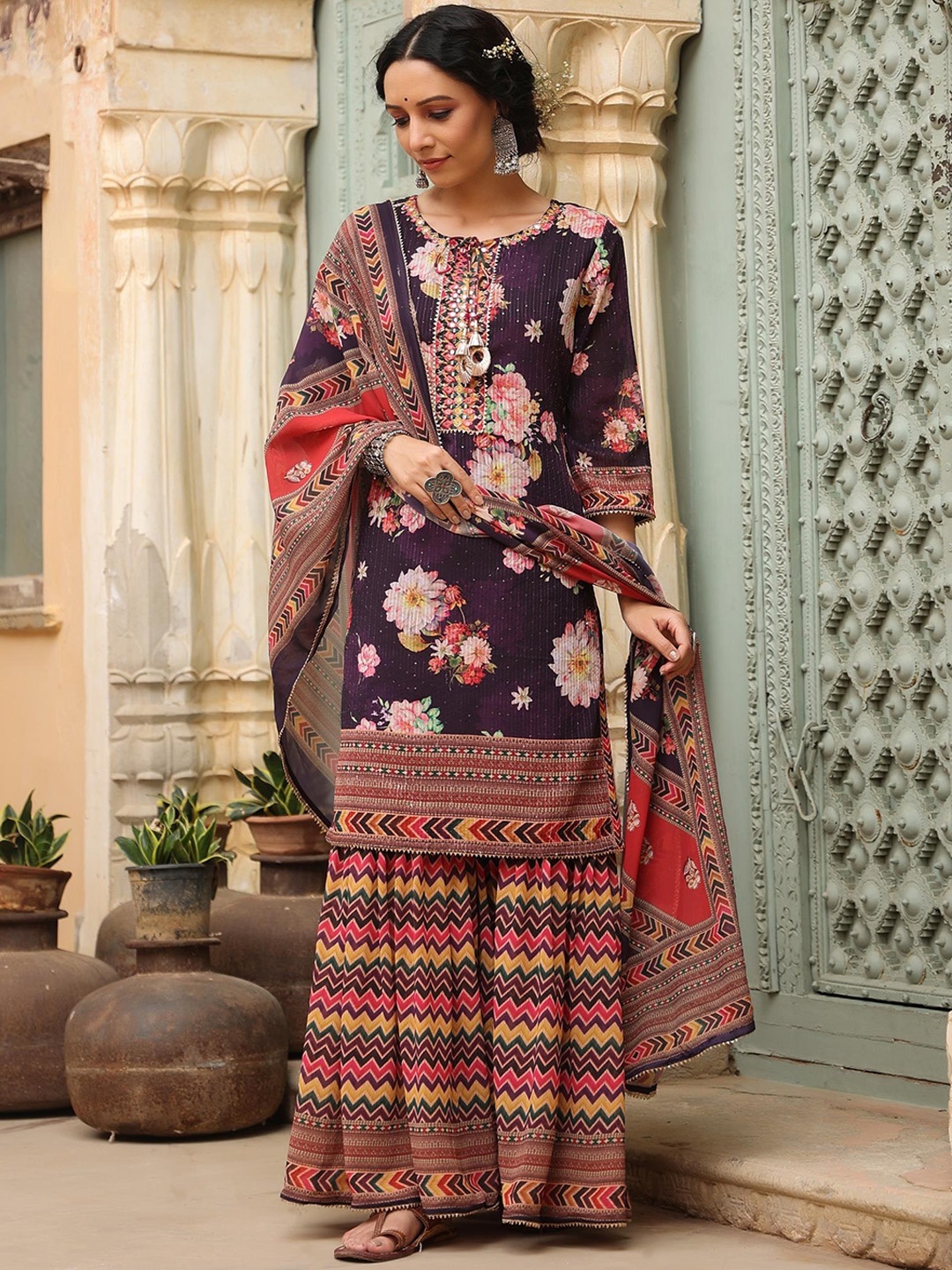 

SCAKHI Floral Printed Sequinned Gotta Patti Kurta with Sharara & Dupatta, Purple