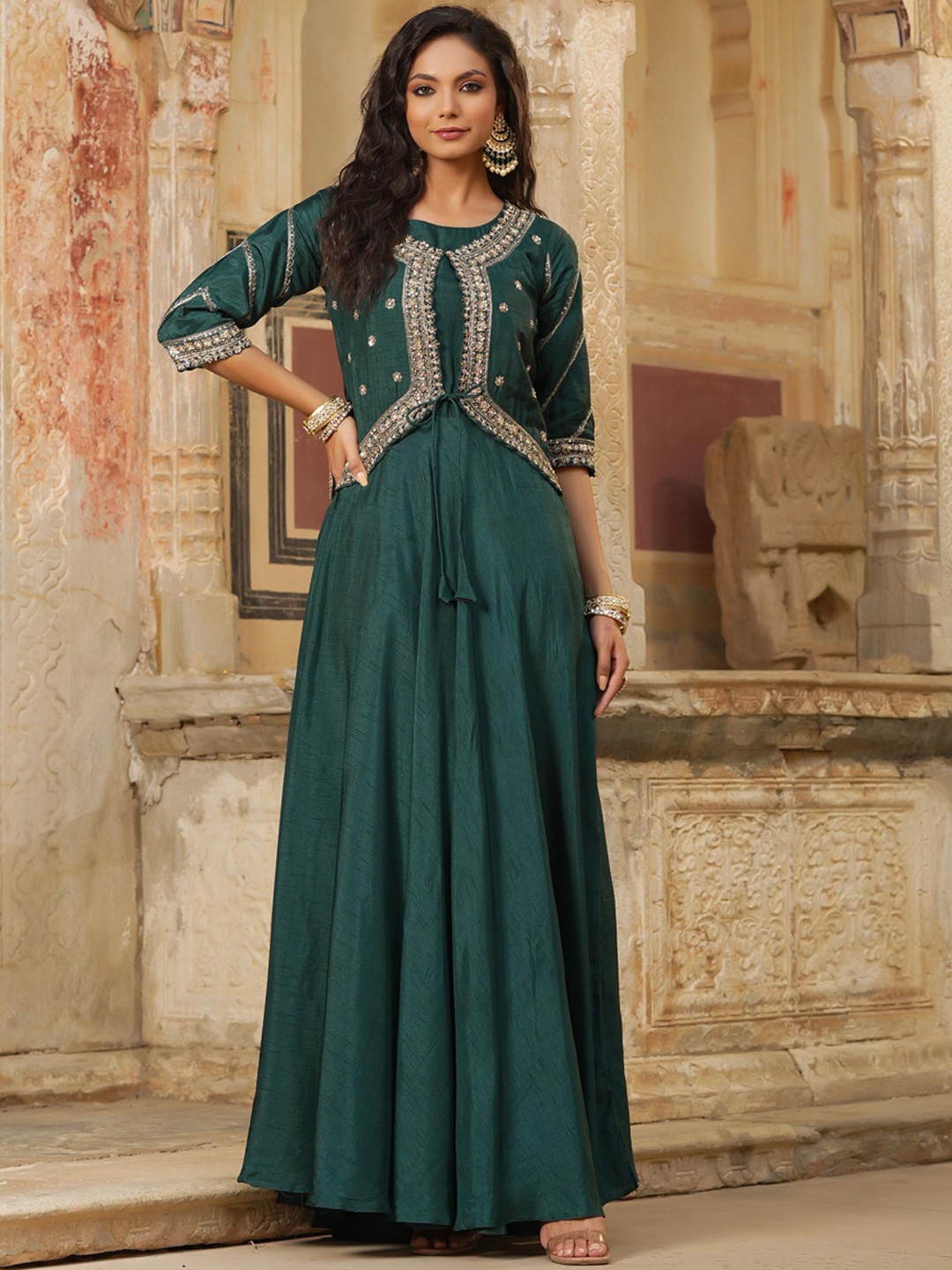 

SCAKHI Embellished Flared Maxi Silk Ethnic Dress, Green