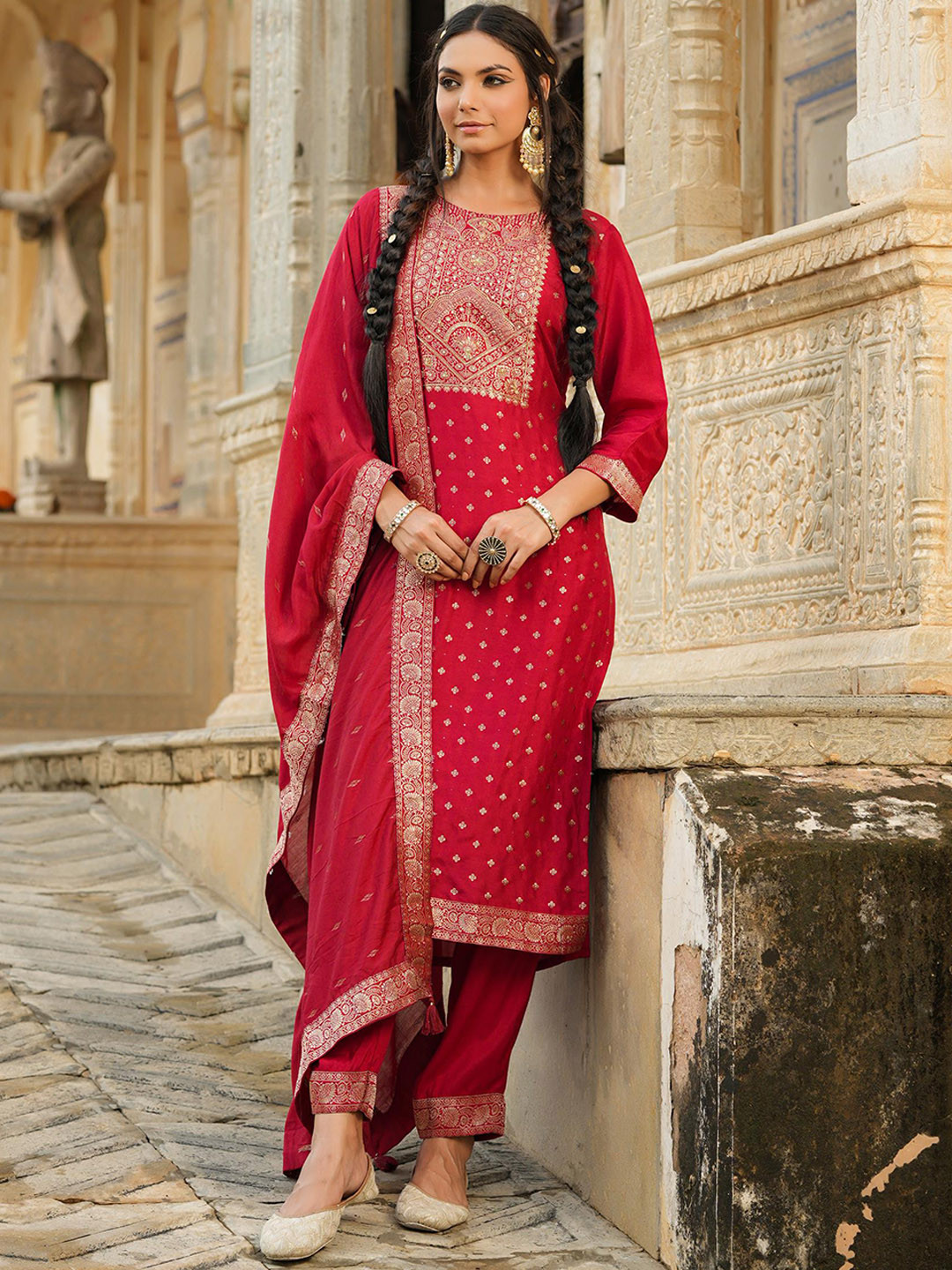 

SCAKHI Ethnic Motifs Printed Zari Pure Silk Kurta with Trousers & Dupatta, Red