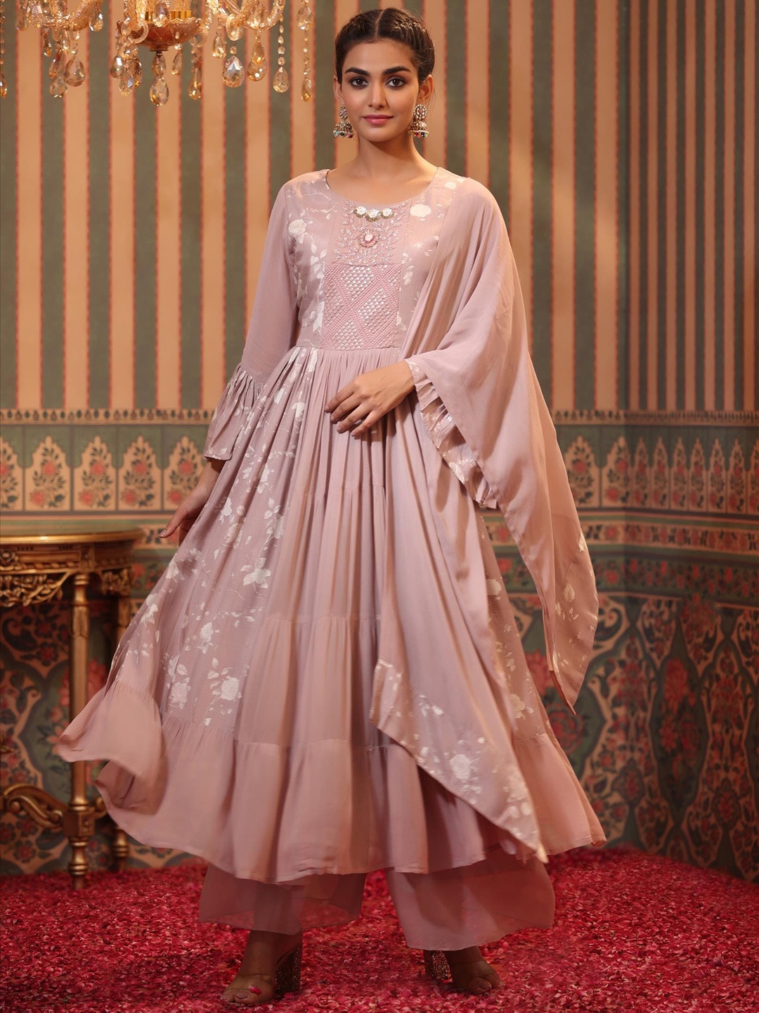 

SCAKHI Floral Printed Pleated Beads and Stones Kurta With Palazzos & Dupatta, Nude