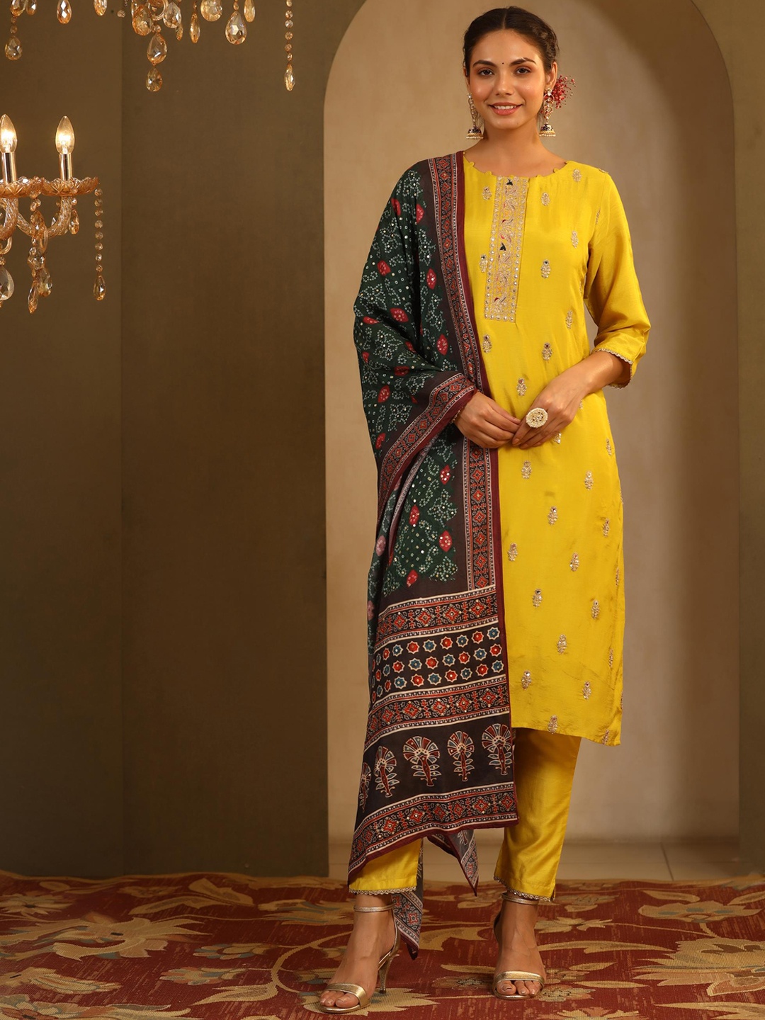 

SCAKHI Ethnic Motifs Embroidered Regular Pure Silk Kurta with Trousers & With Dupatta, Mustard
