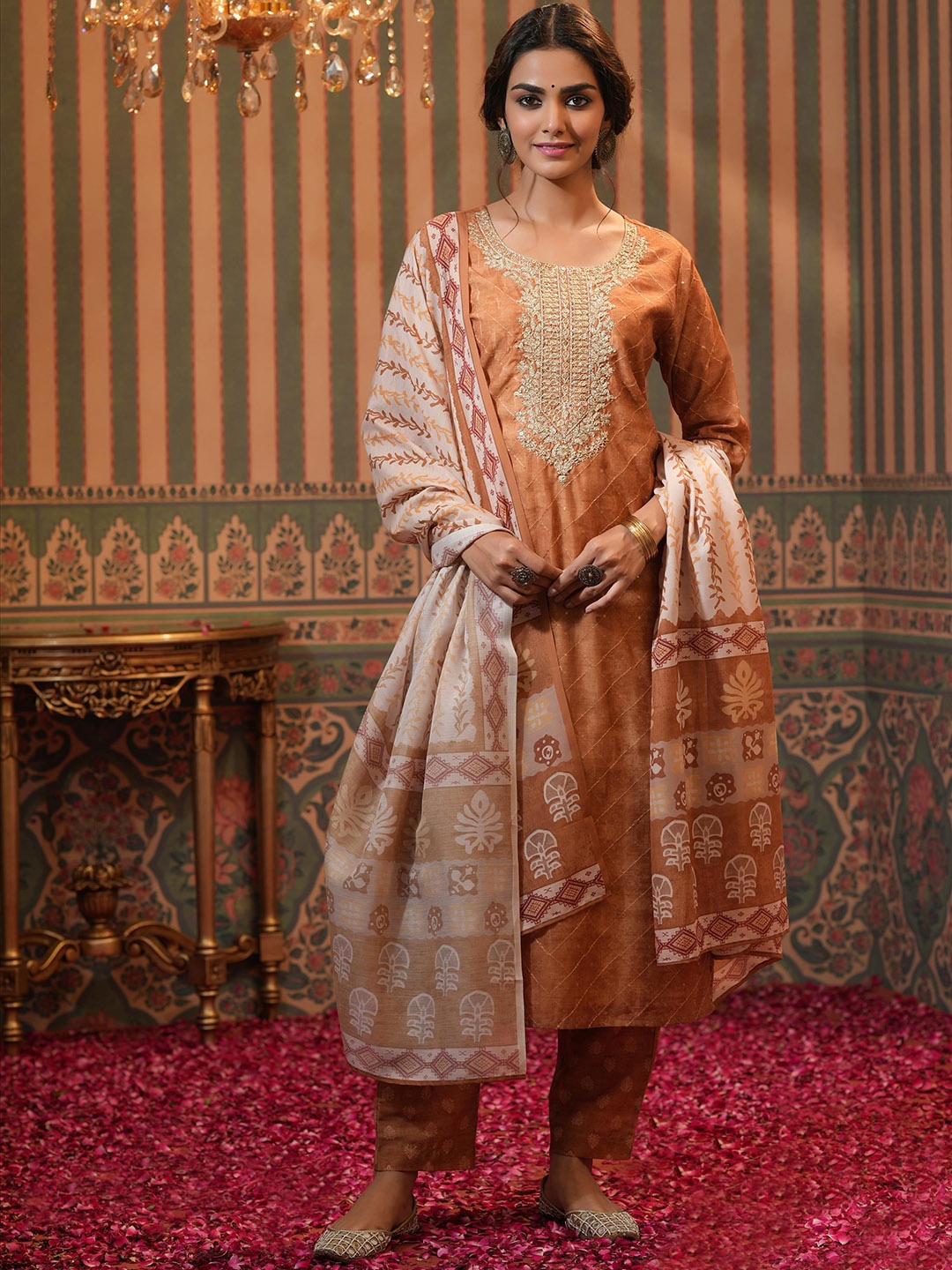 

SCAKHI Ethnic Embroidered Sequinned Zari Chanderi Silk Kurta with Trousers & Dupatta, Brown