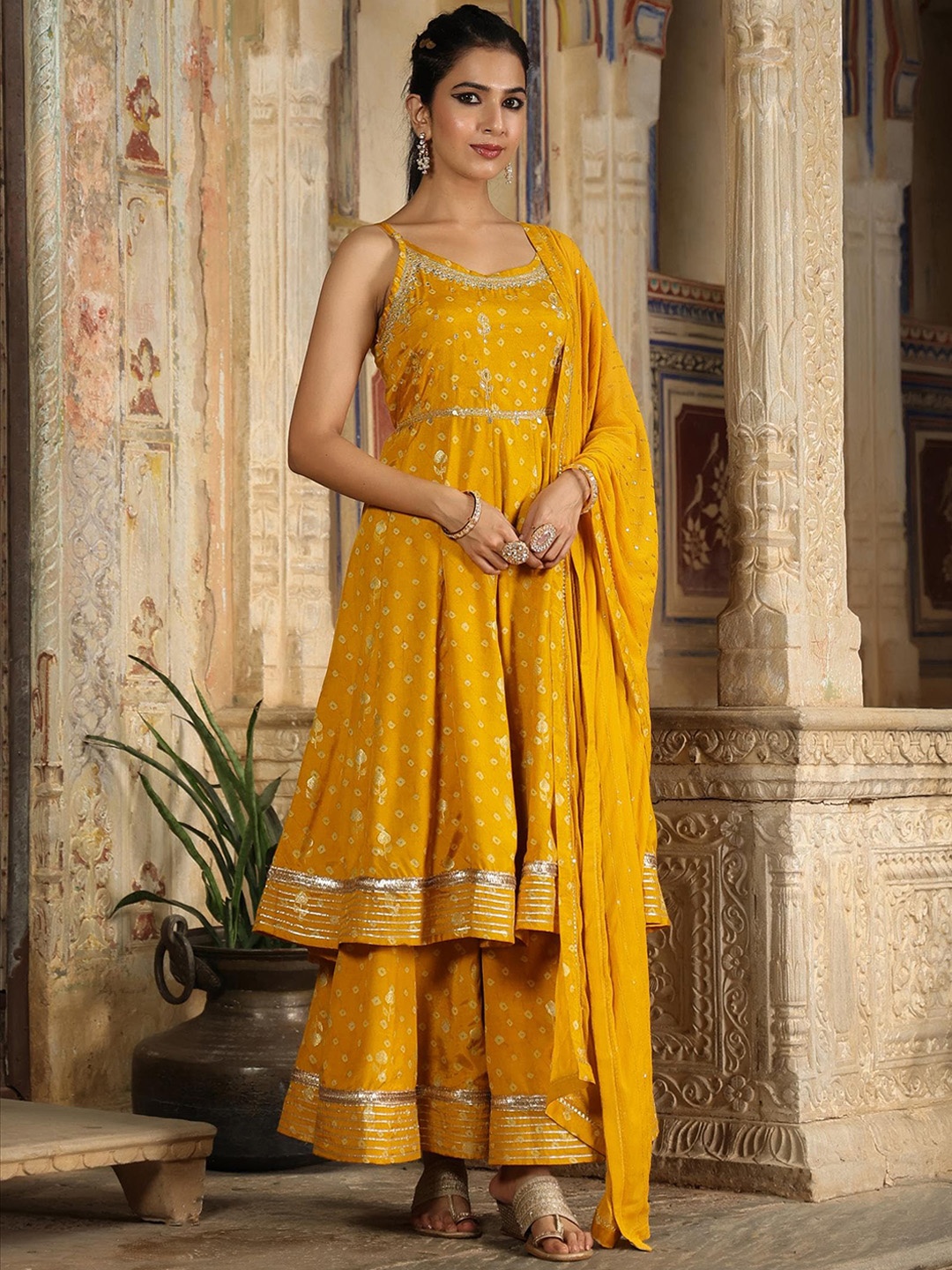 

SCAKHI Bandhani Printed Gotta Patti Kurti With Sharara & Dupatta, Mustard