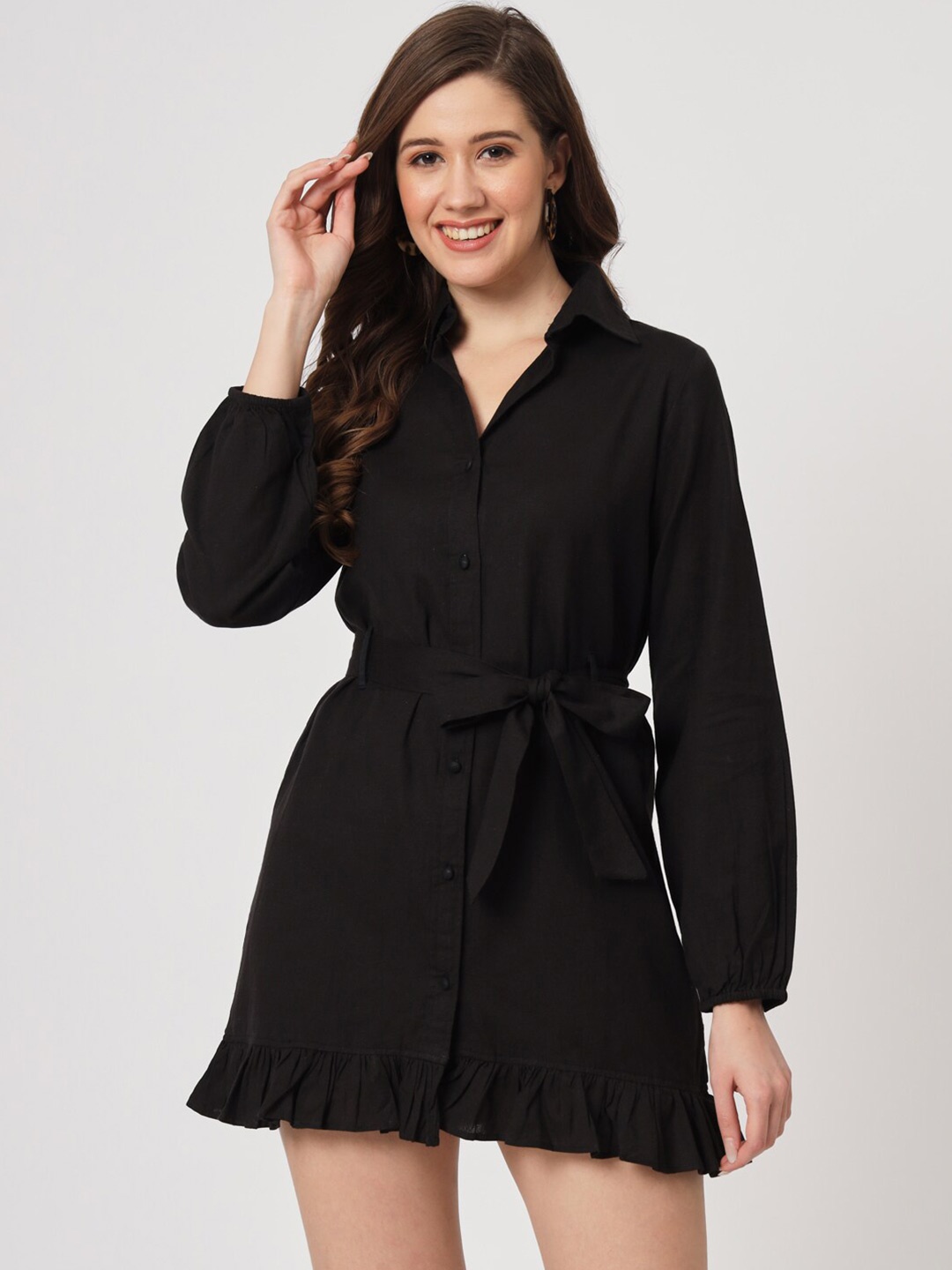 

CUFFS N LASHES Cotton Shirt Mini Dress With Belt, Black