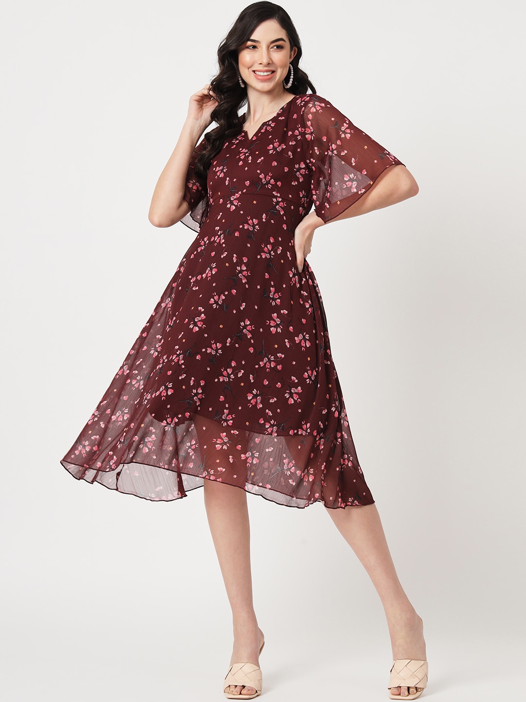 

CUFFS N LASHES Floral Print Flared Sleeve Chiffon A-Line Midi Dress, Maroon