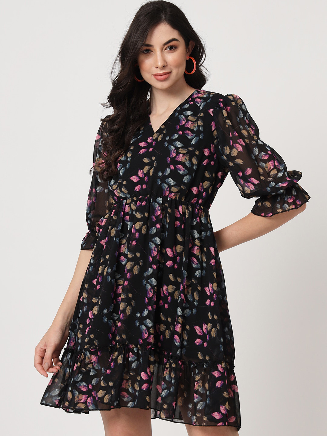 

CUFFS N LASHES Floral Print Flared Sleeve Georgette Fit & Flare Dress, Black