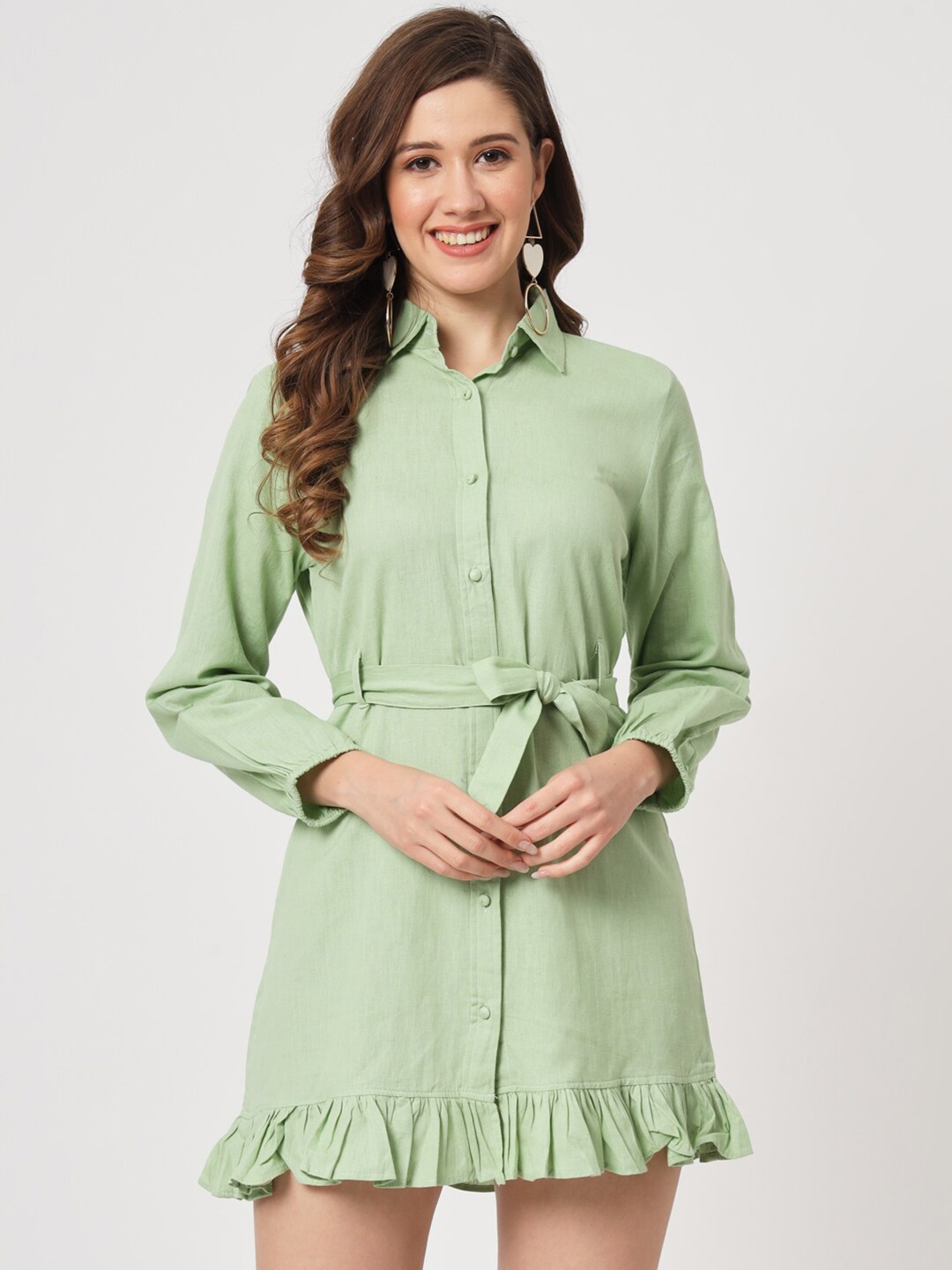 

CUFFS N LASHES Belted Shirt Mini Dress, Green