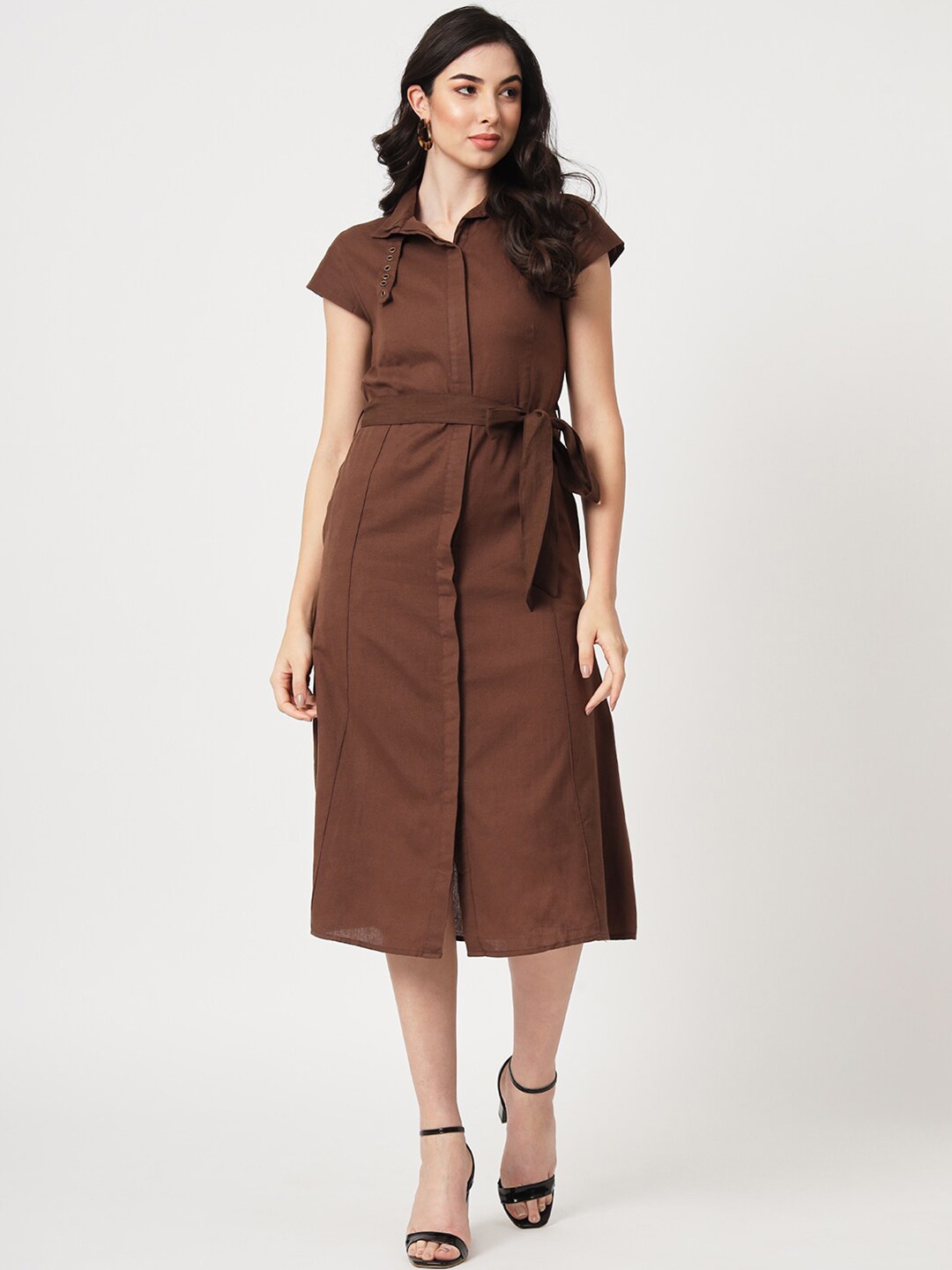 

CUFFS N LASHES Cotton Shirt Midi Dress With Belt, Brown
