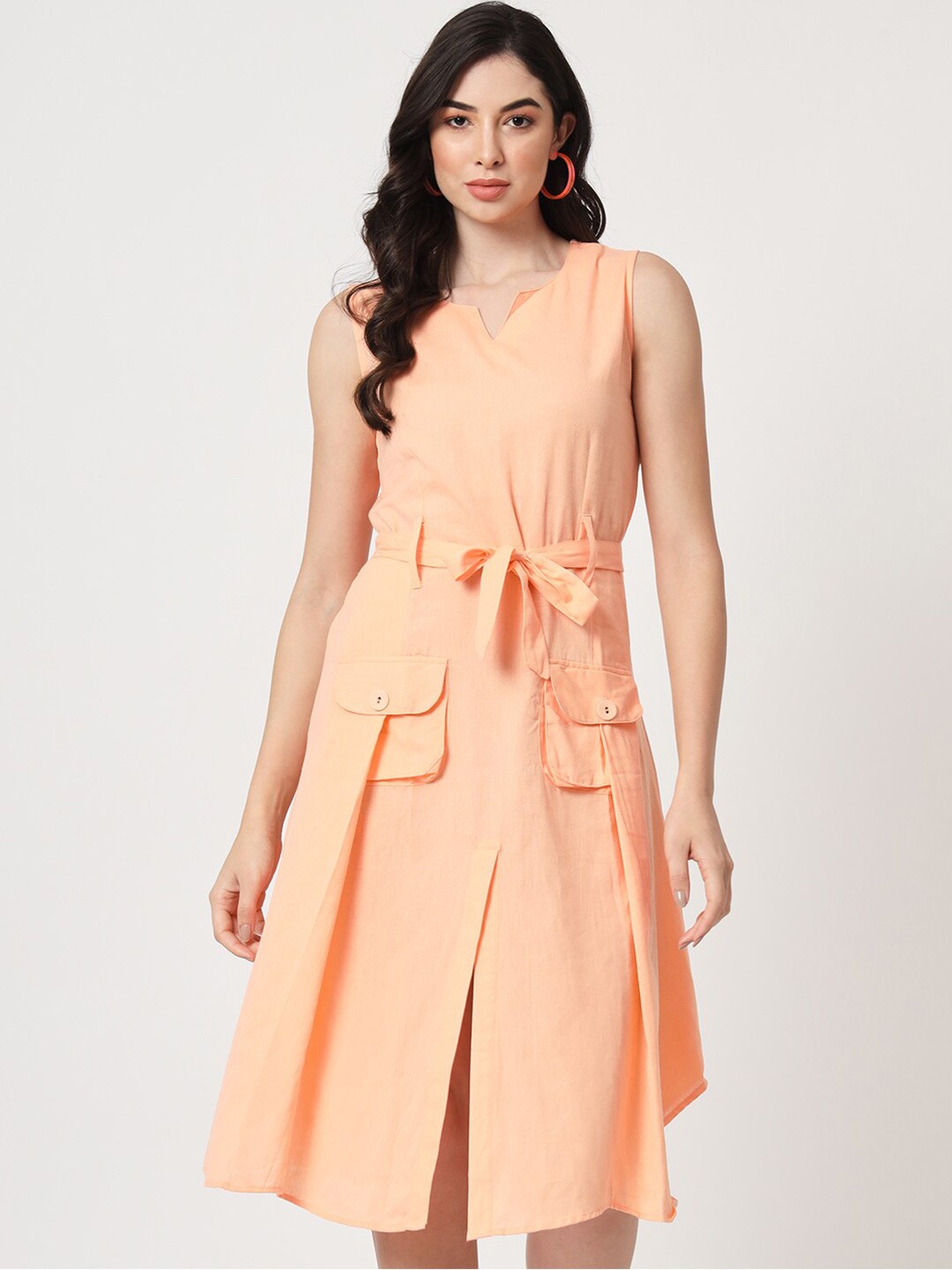 

CUFFS N LASHES Notched Neck Pocket Detailing Cotton A-Line Dress With Belt, Peach