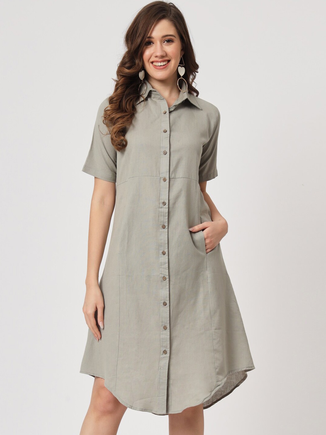 

CUFFS N LASHES Knee Length Cotton Shirt Dress, Grey
