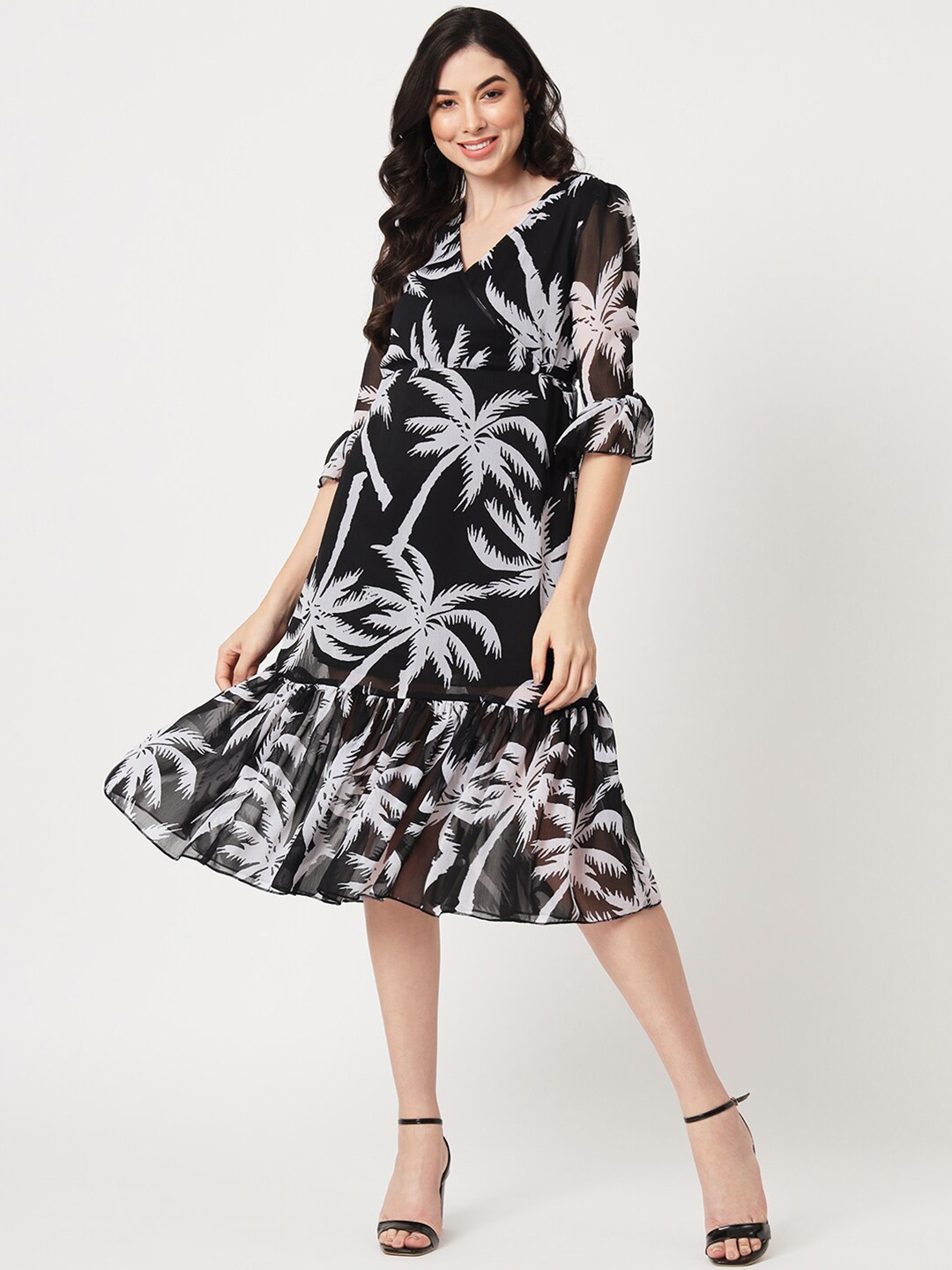 

CUFFS N LASHES Tropical Print Chiffon Fit & Flare Midi Dress, Black