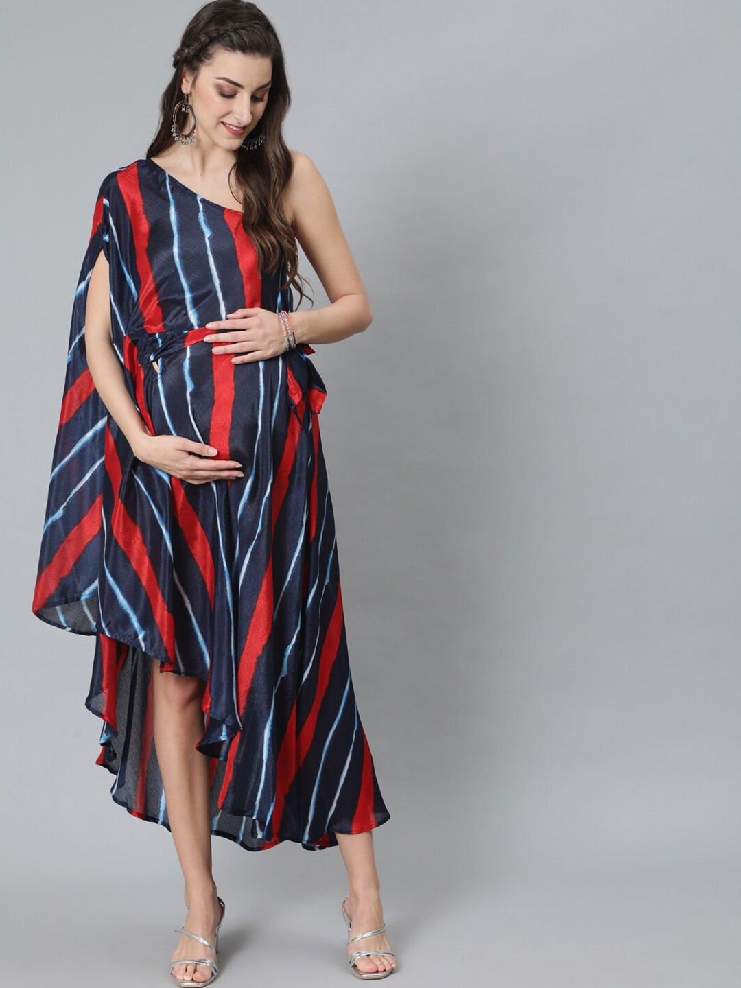 

antaran Striped One Shoulder Asymmetric Maternity Silk A-Line Maxi Dress, Navy blue