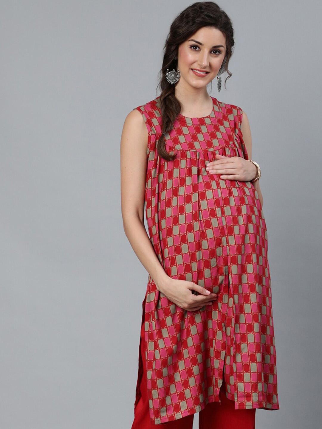 

antaran Geometric Printed Maternity & Feeding Kurta, Red
