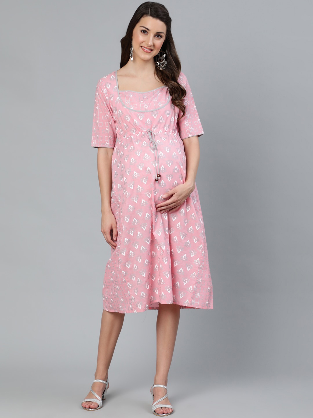 

antaran Geometric Printed Maternity Cotton A-Line Midi Dress, Pink