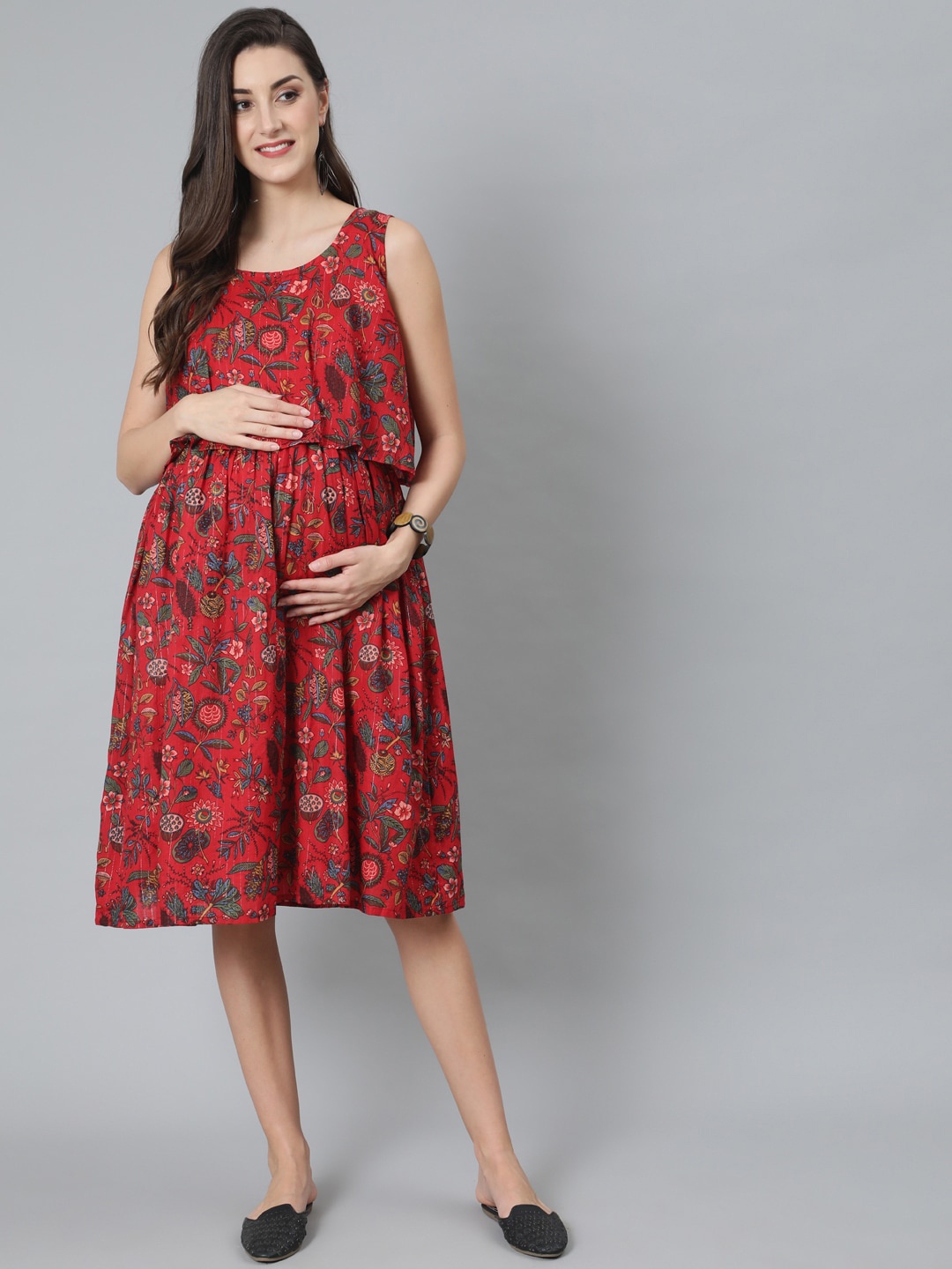 

antaran Floral Printed Maternity & Feeding Cotton A-Line Dress, Red