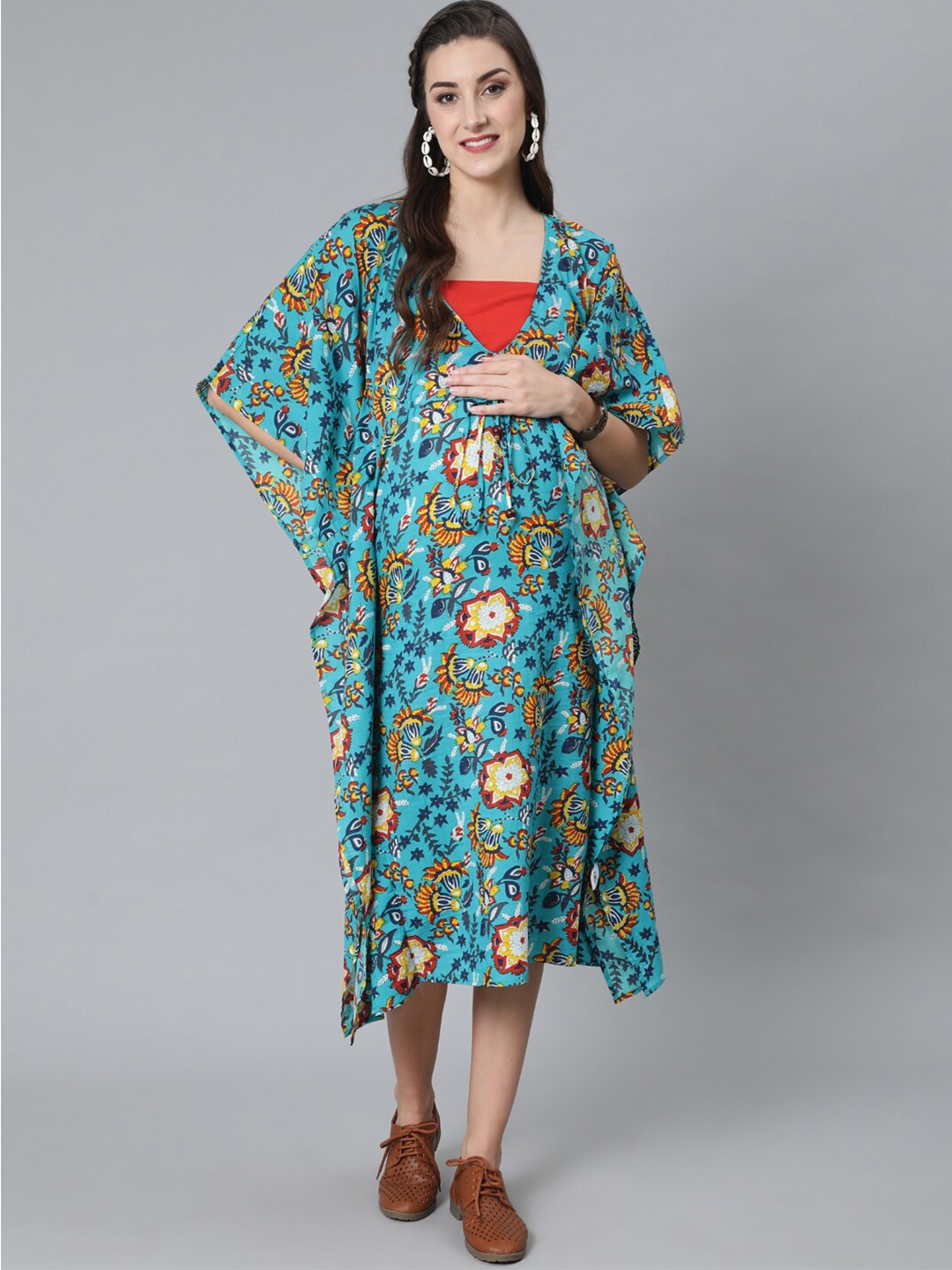 

antaran Floral Printed Extended Sleeves Maternity Cotton Kaftan Midi Dress, Blue