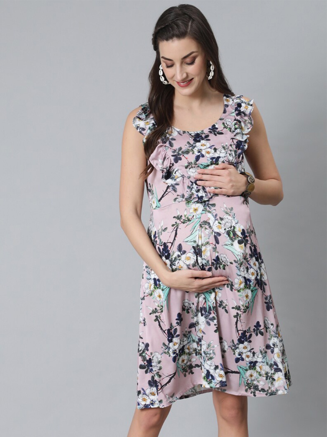 

antaran Floral Printed Ruffled Satin Maternity A-Line Dress, Lavender