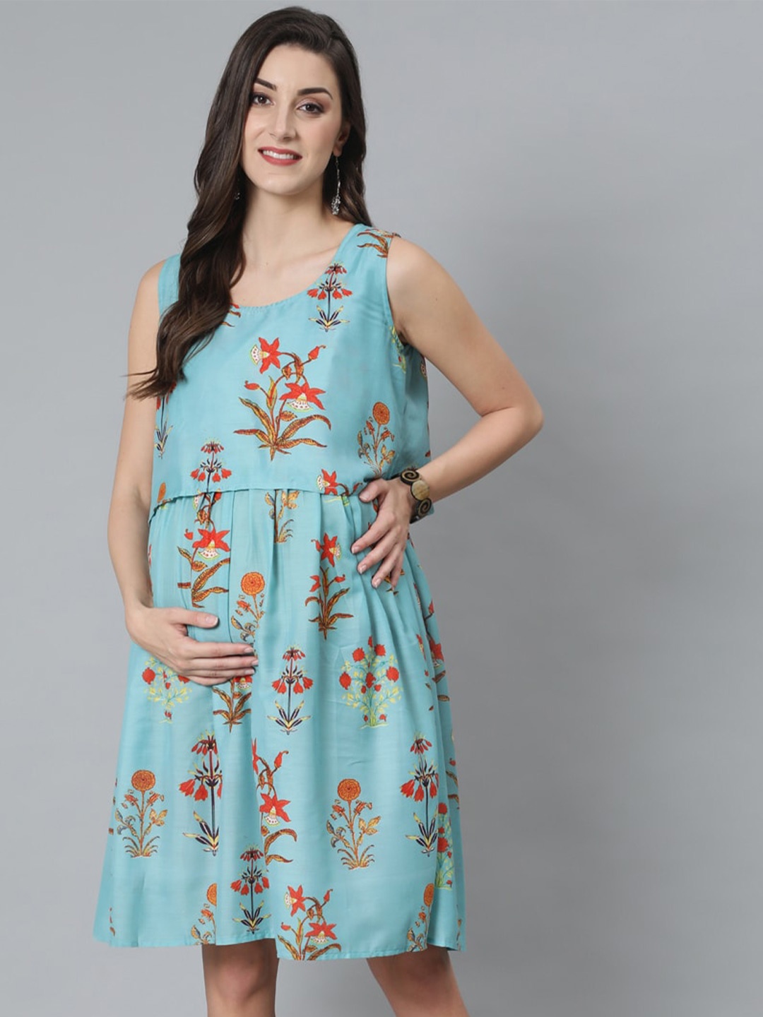 

antaran Floral Printed Maternity & Feeding Cotton A-Line Dress, Blue