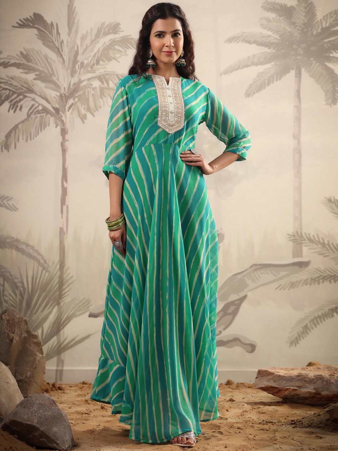 

SCAKHI Leheriya Printed Zari Sequined Georgette Anarkali Kurta, Green
