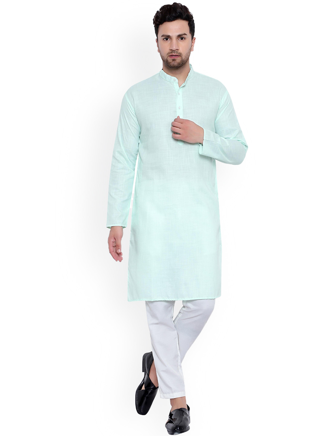 

ONNIX Band Collar Straight Kurta with Pyjamas, Sea green