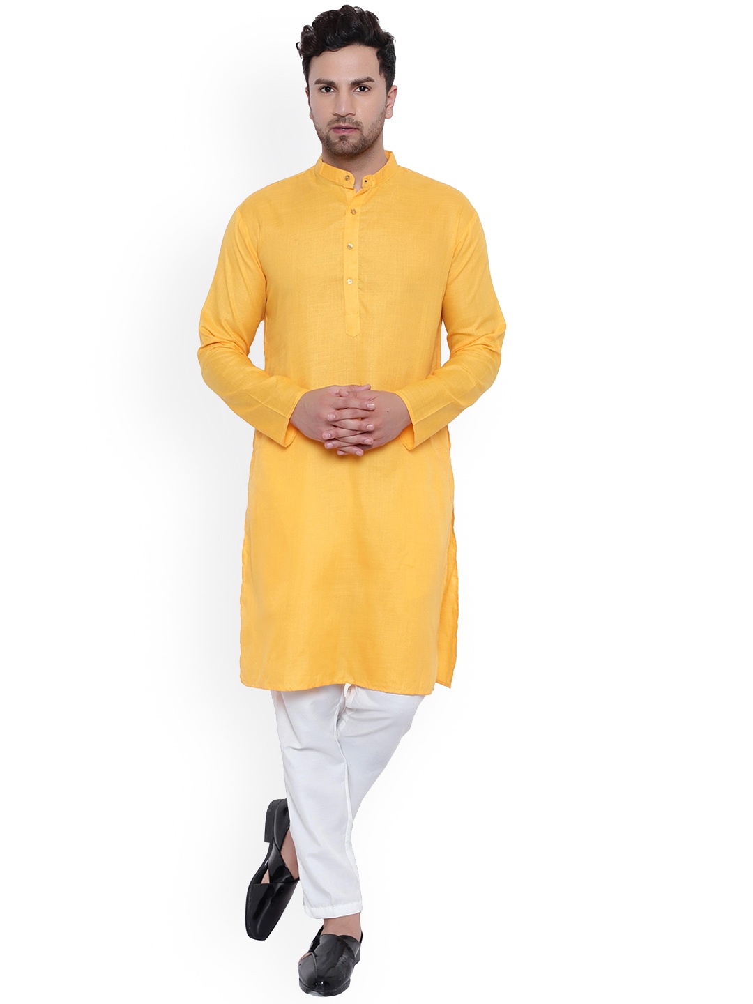 

ONNIX Band Collar Regular Kurta With Pyjamas, Mustard