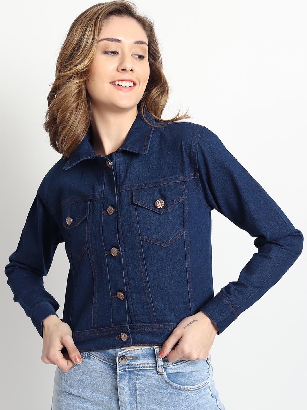 

TYFFYN Lightweight Crop Cotton Denim Jacket with Embroidered, Blue