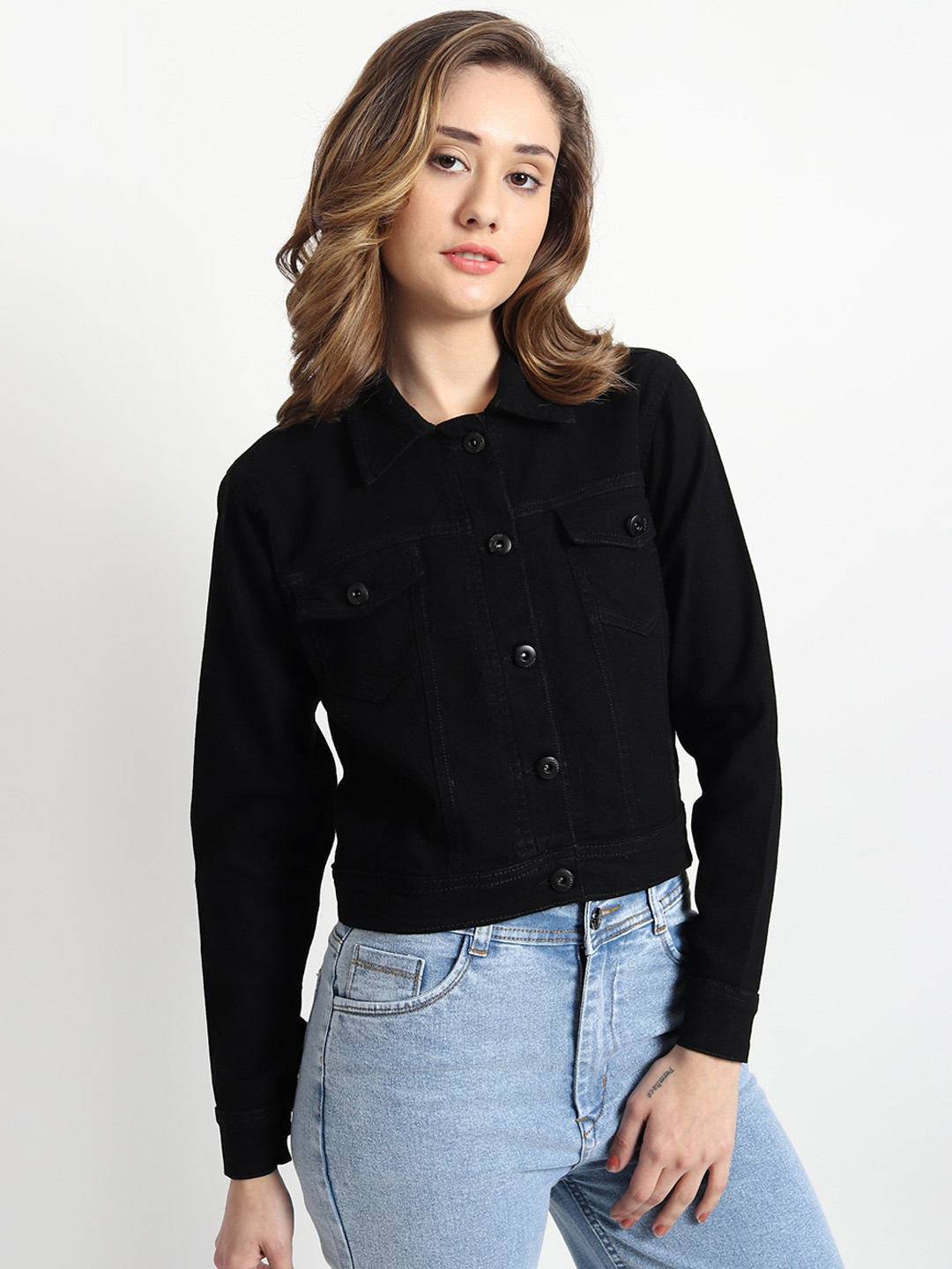 

TYFFYN Lightweight Crop Cotton Denim Jacket, Black