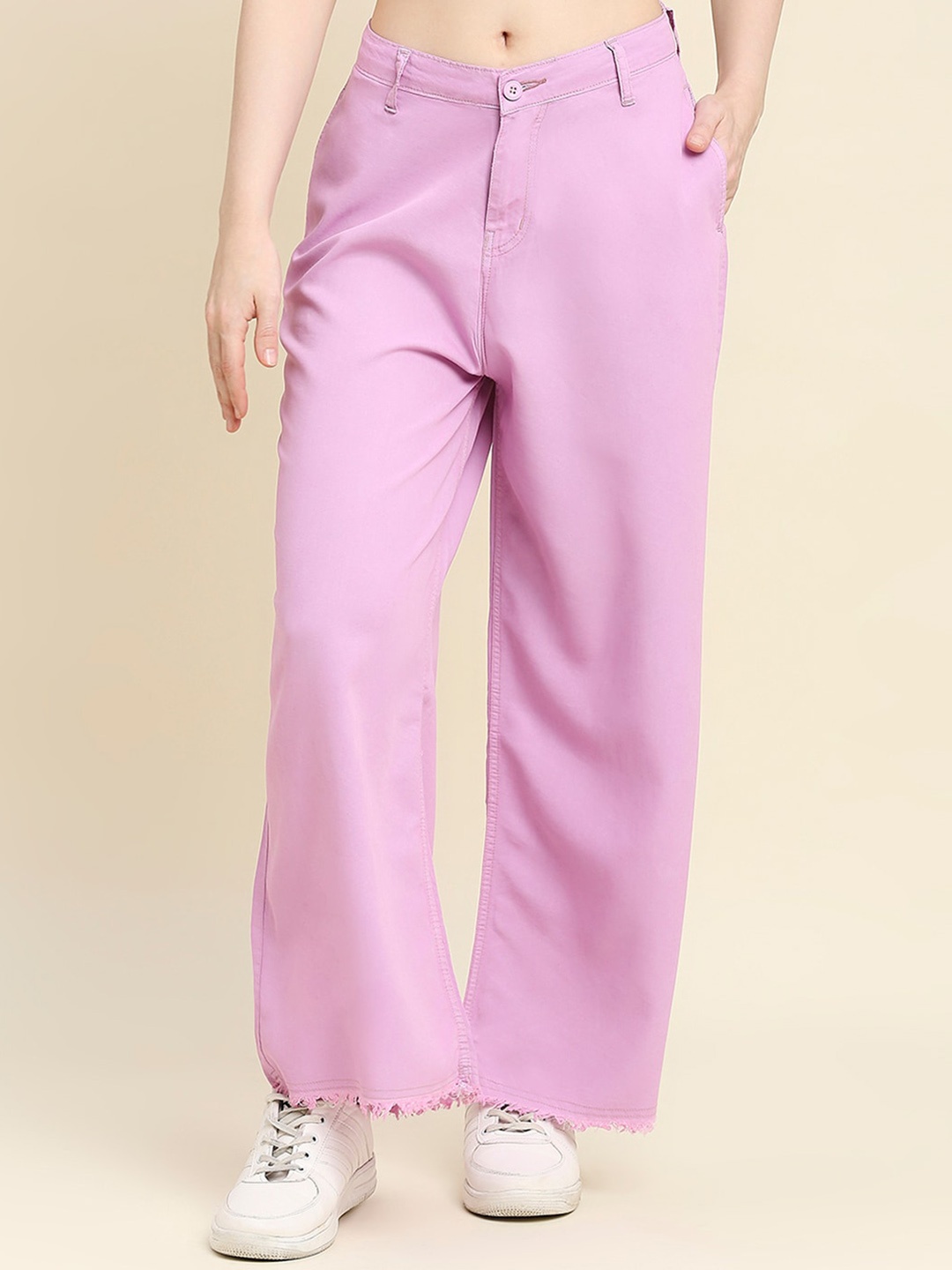

HJ HASASI Women Wide Leg High-Rise Low Distress Stretchable Jeans, Pink