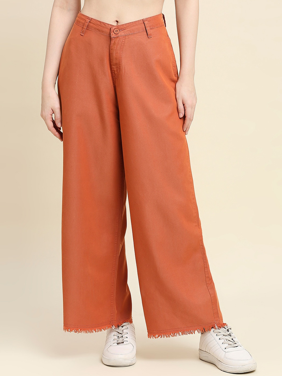 

HJ HASASI Women Wide Leg High-Rise Low Distress Stretchable Jeans, Rust