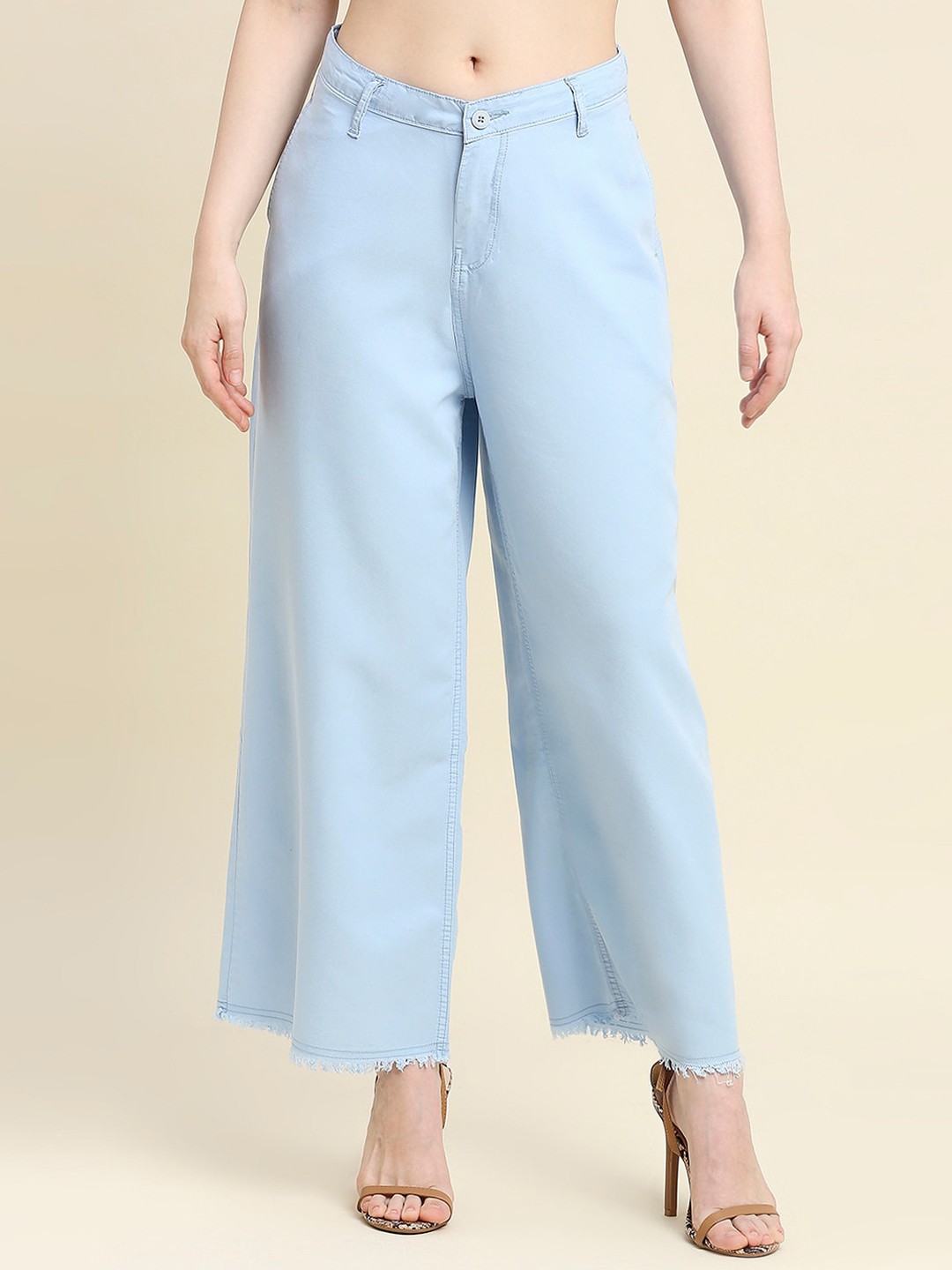 

HJ HASASI Women Wide Leg High-Rise Low Distress Stretchable Jeans, Blue